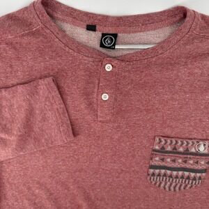 Volcom Henley Shirt Men Large Red Pink Long Sleeve True To This Aztec Pocket Y2K
